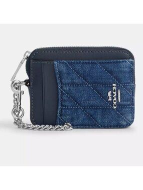 COACH Zip Card Case Wallet Quilted Denim Blue Silver Brand New NWT